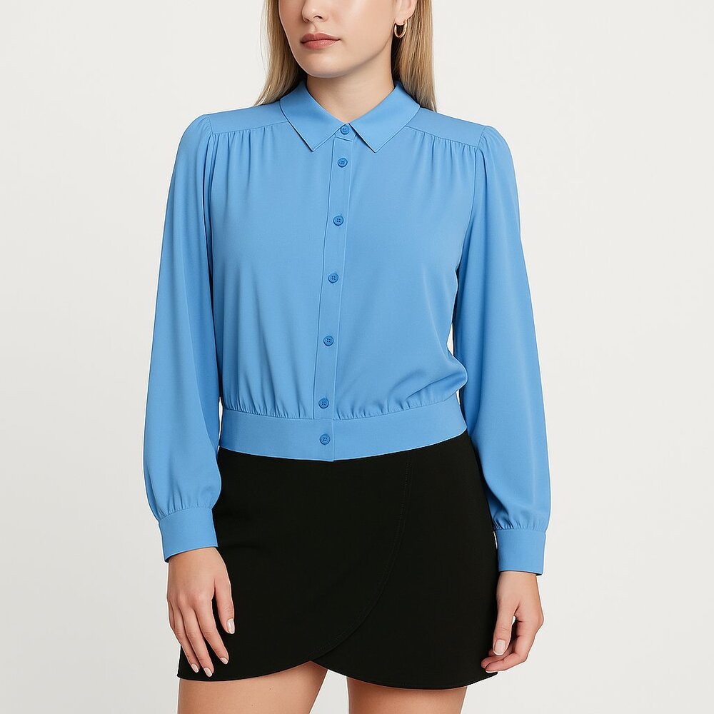 Soft & Drapey Light Blue Button-Front Banded-Hem Collared Blouson Top XXS